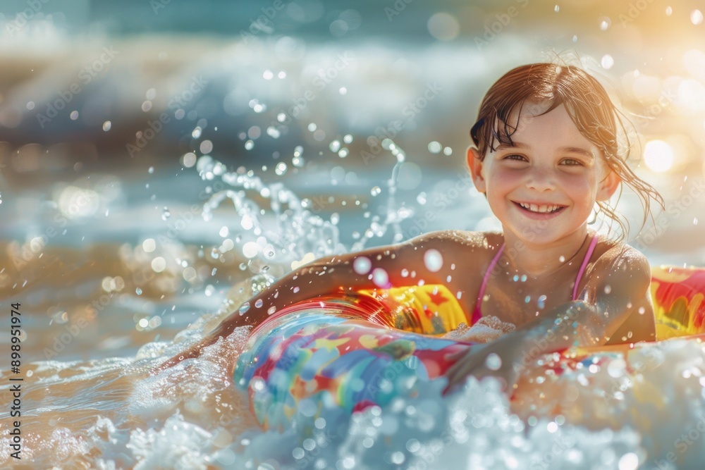 Obraz premium Young girl enjoying the ocean waves with a colorful inflatable swim ring, smiling and having fun in the water.