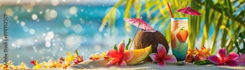 Tropical beach scene with colorful flowers, cocktails, and coconut on sand in sunlight