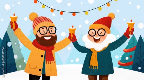 Two men, dressed warmly, hold candles and smile cheerfully in a snowy setting, celebrating a festive occasion with decorative lights strung in the background. photo