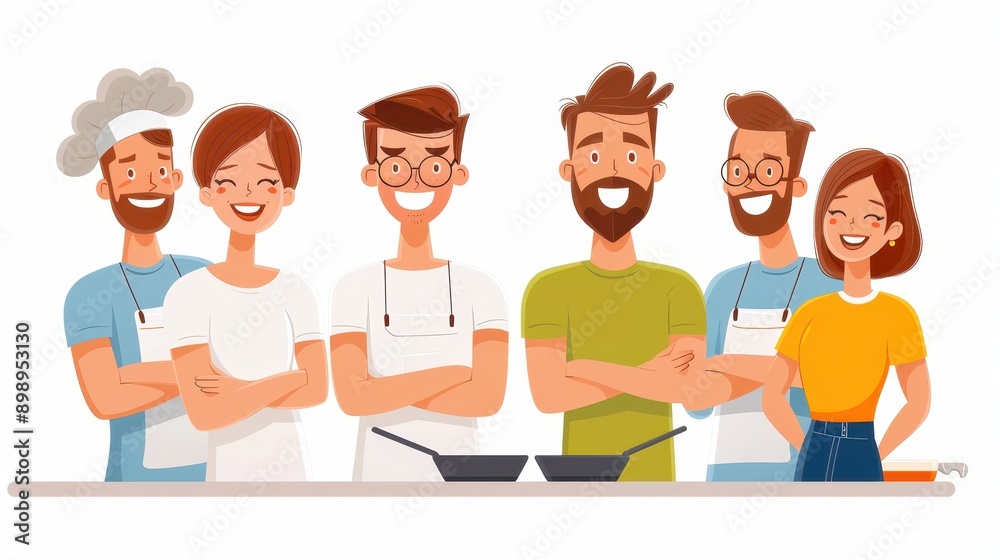 This illustration captures a group of six people cooking together in a cozy kitchen environment, showcasing the joy and camaraderie of preparing food collectively. This illustration captures a group of six people cooking together in a cozy kitchen environment, showcasing the joy and camaraderie of preparing food collectively.