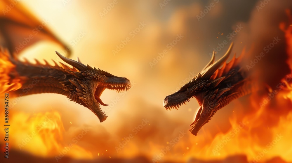 Dragons with fierce expressions face off against each other, surrounded by flames and smoke, creating a scene of intense energy and mythical combat. Dragons with fierce expressions face off against each other, surrounded by flames and smoke, creating a scene of intense energy and mythical combat.
