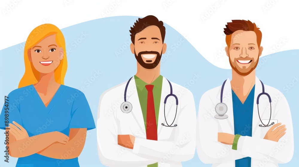 An illustration that features three healthcare professionals in white coats and uniforms, with stethoscopes, against a white and blue background, signifying medical reliability and trust. An illustration that features three healthcare professionals in white coats and uniforms, with stethoscopes, against a white and blue background, signifying medical reliability and trust.