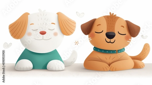 Illustration of two cartoon-style puppies, one in a green collar and the other in a blue collar, sitting contently with closed eyes, creating a cute and calm pet-friendly scene.