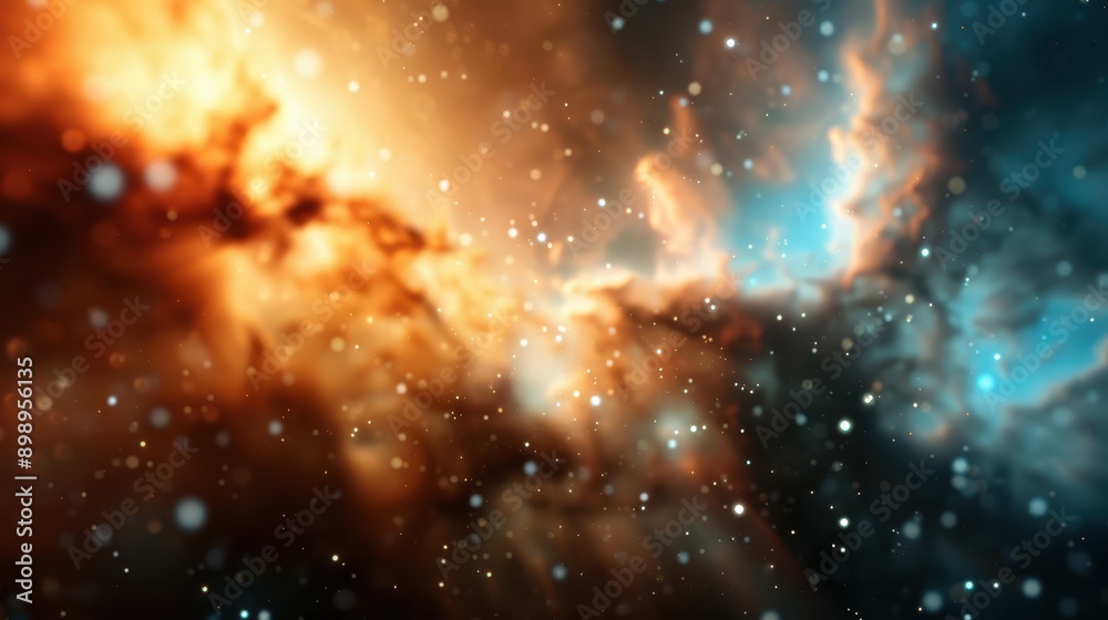 A breathtaking view of a cosmic nebula with vibrant orange and blue shades, floating particles creating a mystic atmosphere in deep space highlighting the beauty of universe. A breathtaking view of a cosmic nebula with vibrant orange and blue shades, floating particles creating a mystic atmosphere in deep space highlighting the beauty of universe.