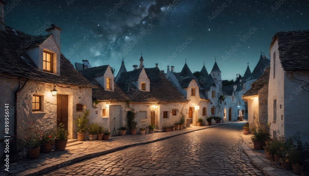 Picturesque Nighttime Street in a Small Town Under the Milky Way. with copy space for text Picturesque Nighttime Street in a Small Town Under the Milky Way. with copy space for text