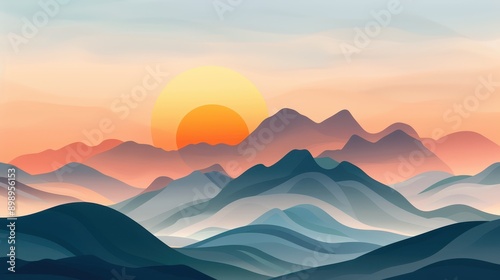 Wallpaper Mural Digital artwork of sunset over layered abstract mountain ranges in pastel colors creating a soothing and serene atmosphere using soft gradients and textures. Torontodigital.ca