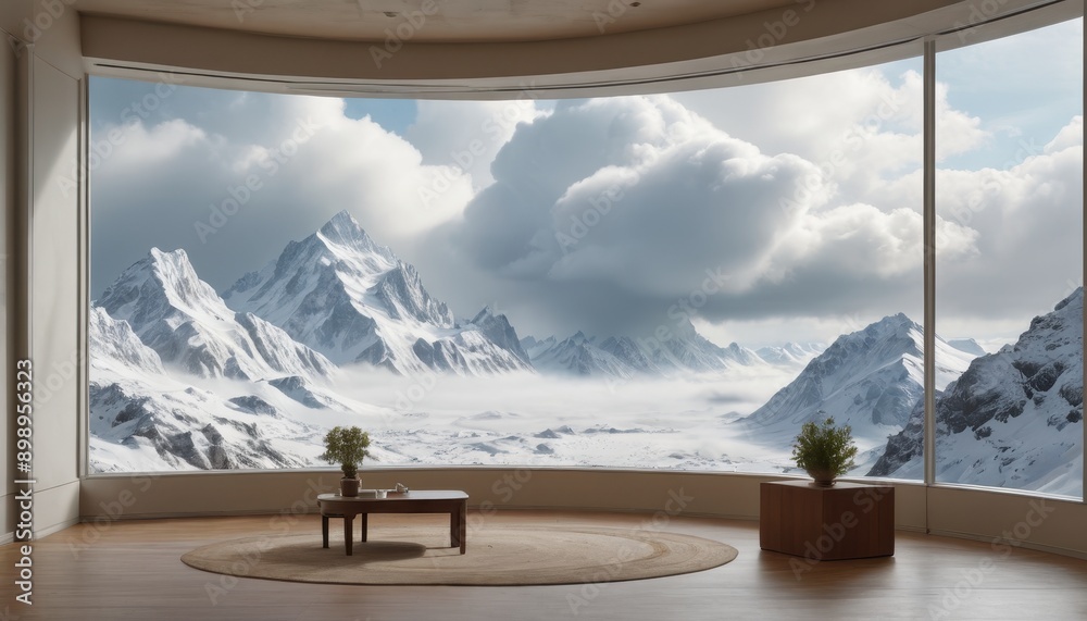 Fototapeta premium Modern Room with Mountain View. with copy space for text