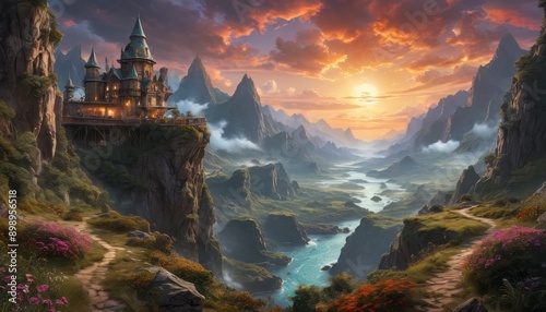 Magical Castle on a Clifftop Overlooking a Valley. with copy space for text © BOJOShop
