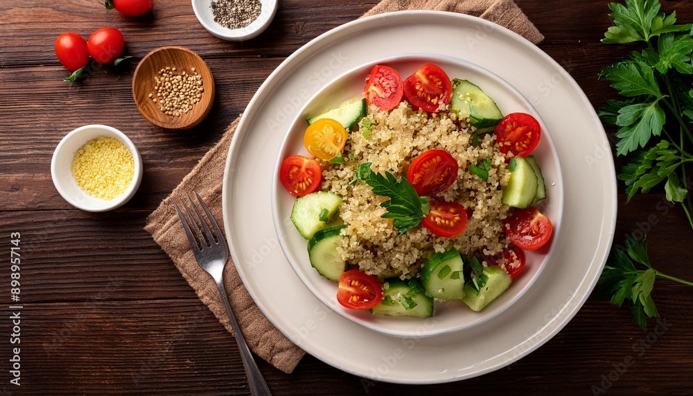 Flat lay of a vibrant quinoa salad with diced cucumbers, tomatoes, and parsley, placed on a