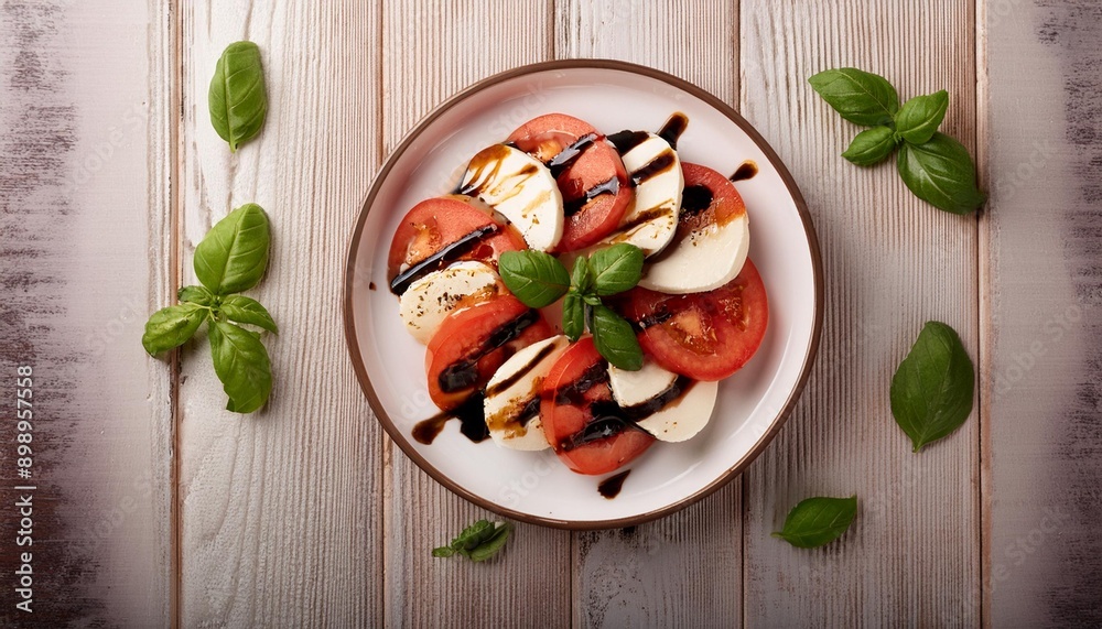 Top view of a fresh caprese salad with slices of tomato, mozzarella, and basil leaves, drizz Top view of a fresh caprese salad with slices of tomato, mozzarella, and basil leaves, drizz