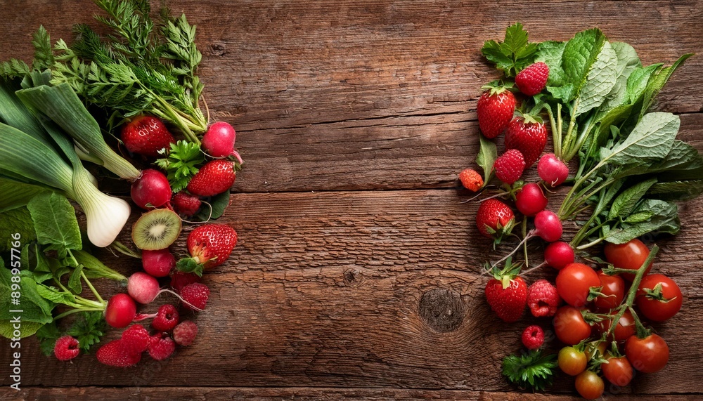 Top view of a rustic wooden table featuring a colorful assortment of spring fruits and vegetables Top view of a rustic wooden table featuring a colorful assortment of spring fruits and vegetables