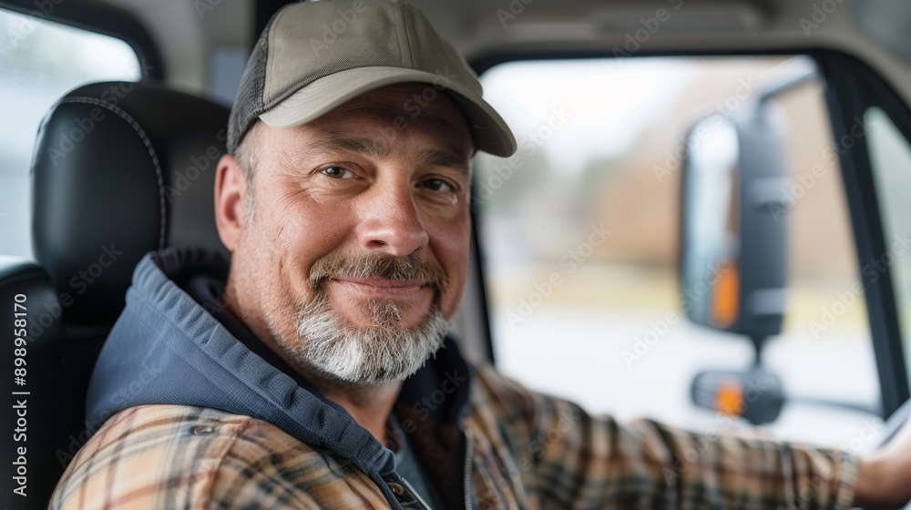 A man with a beard and a hat is smiling while driving a truck A man with a beard and a hat is smiling while driving a truck