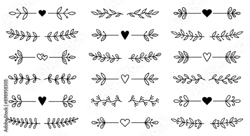 Text dividers with hearts doodle set. Wedding decorative elements. Divider ornament, borders. Hand drawn vector illustration isolated on white background