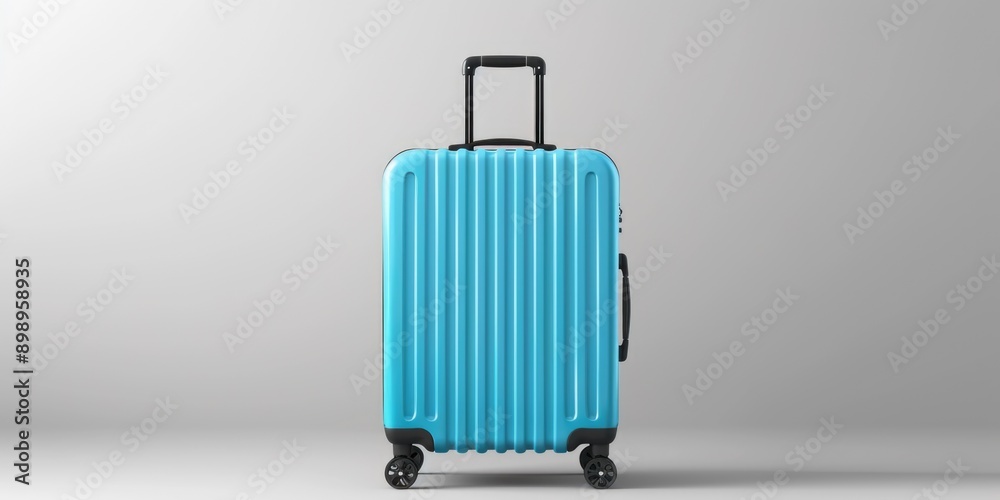 A blue suitcase on wheels against a gray background A blue suitcase on wheels against a gray background