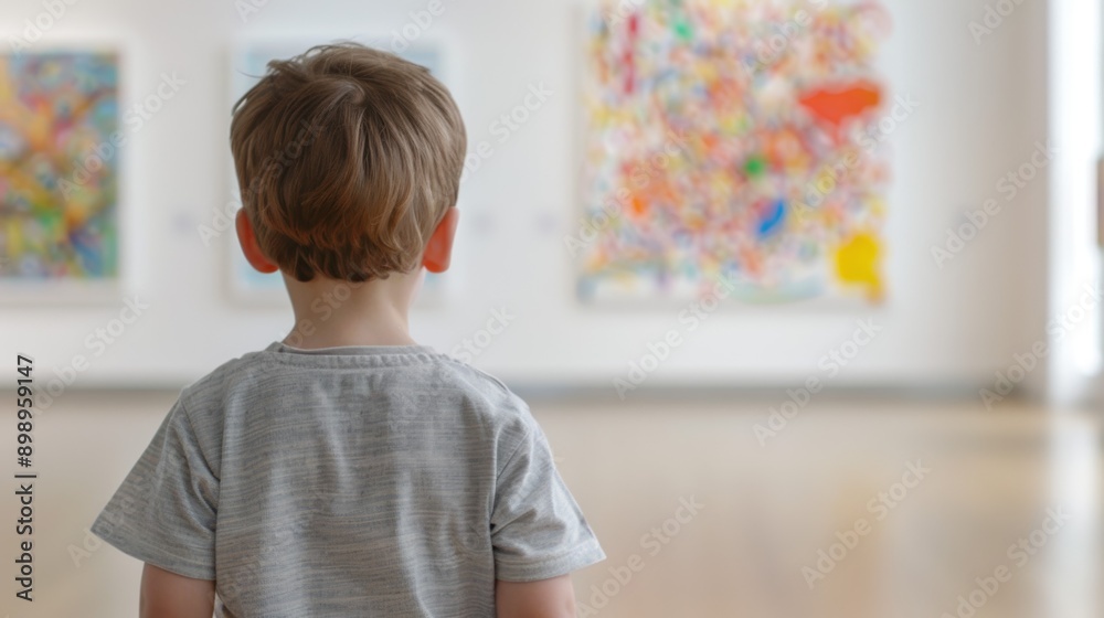A young boy is looking at a painting in a museum A young boy is looking at a painting in a museum
