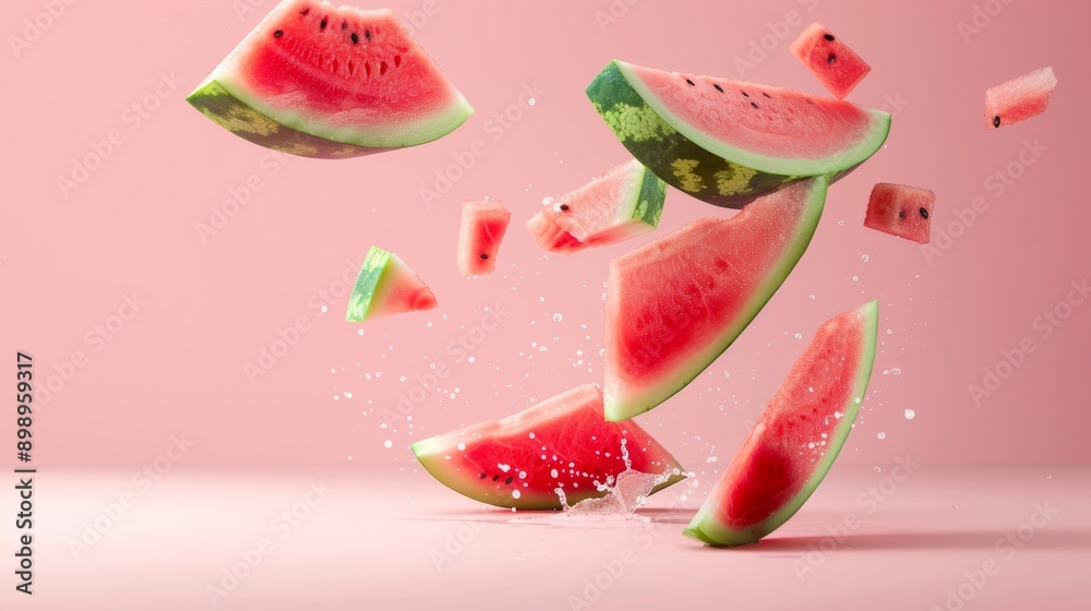 A watermelon is sliced into pieces and is flying through the air A watermelon is sliced into pieces and is flying through the air