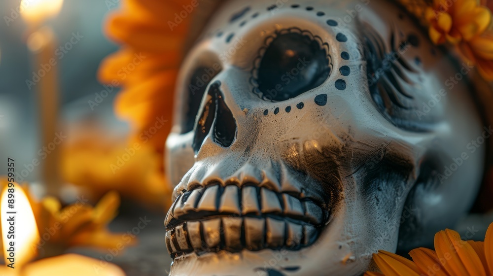 A skull is sitting on a table with candles and flowers A skull is sitting on a table with candles and flowers