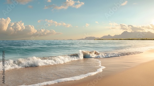 Serene Coastal Sunset: A breathtaking vista of a pristine beach at sunset, with gentle waves lapping at the shore and fluffy clouds painting the sky in hues of orange and pink.