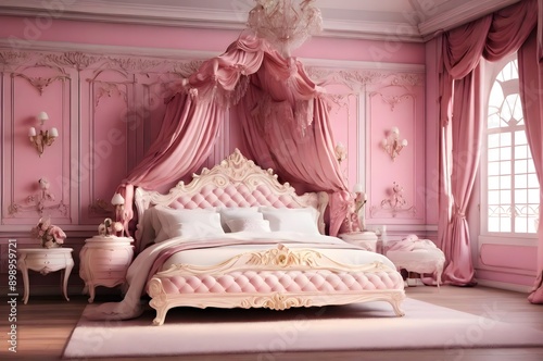 Luxury Victorian royal pink princess bed with white pillows for girls.