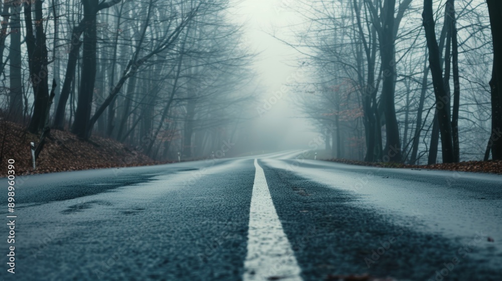 Fototapeta premium A road with a white line down the middle and trees on either side