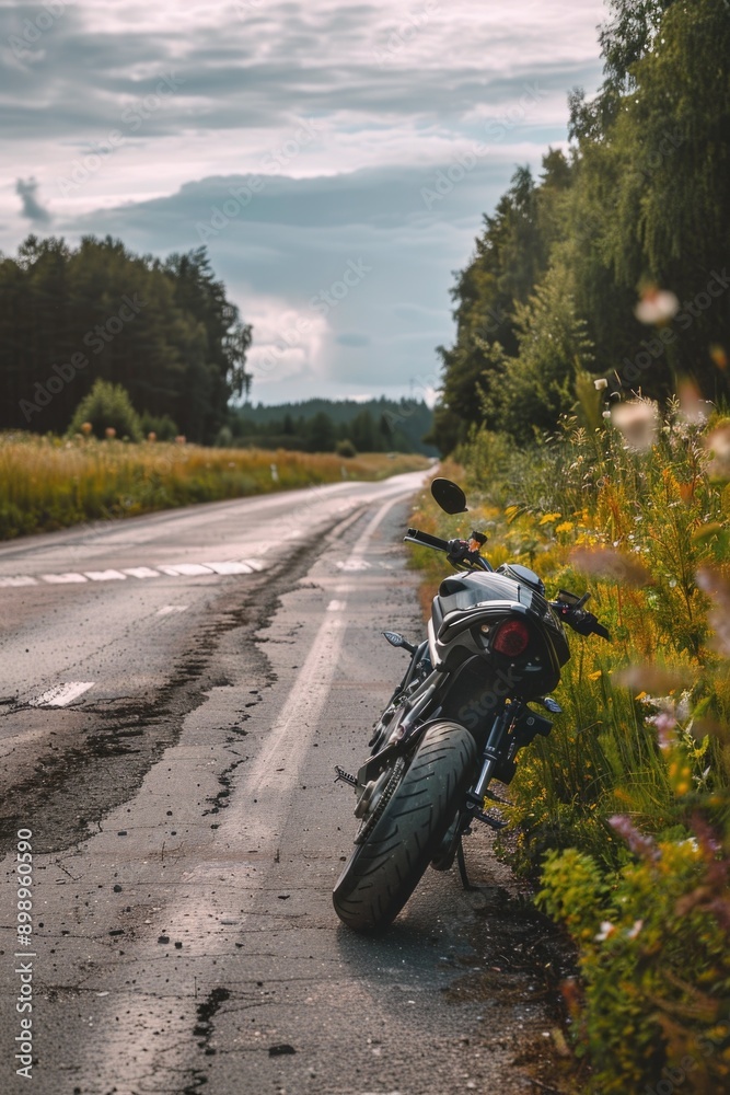 A motorcycle is parked on the side of a road, ready for its next ride A motorcycle is parked on the side of a road, ready for its next ride