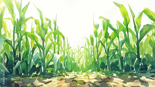 Watercolor illustration of a sugarcane field ready for harvest under a blue sky. Concept of agriculture, farming, natural resources, and rural landscape