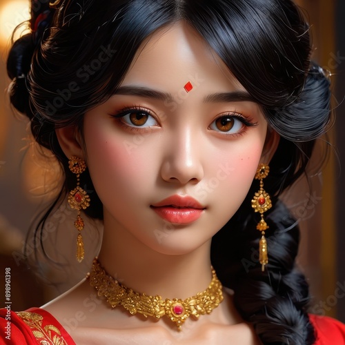 Portrait of a Beautiful Woman in Traditional Asian Attire.