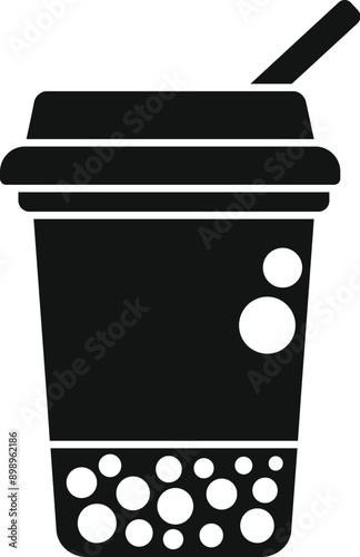 Black and white silhouette of a disposable plastic cup with straw full of bubble tea tapioca pearls