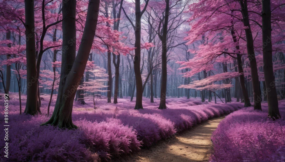 Naklejka premium Enchanting Purple Forest Path. with copy space for text