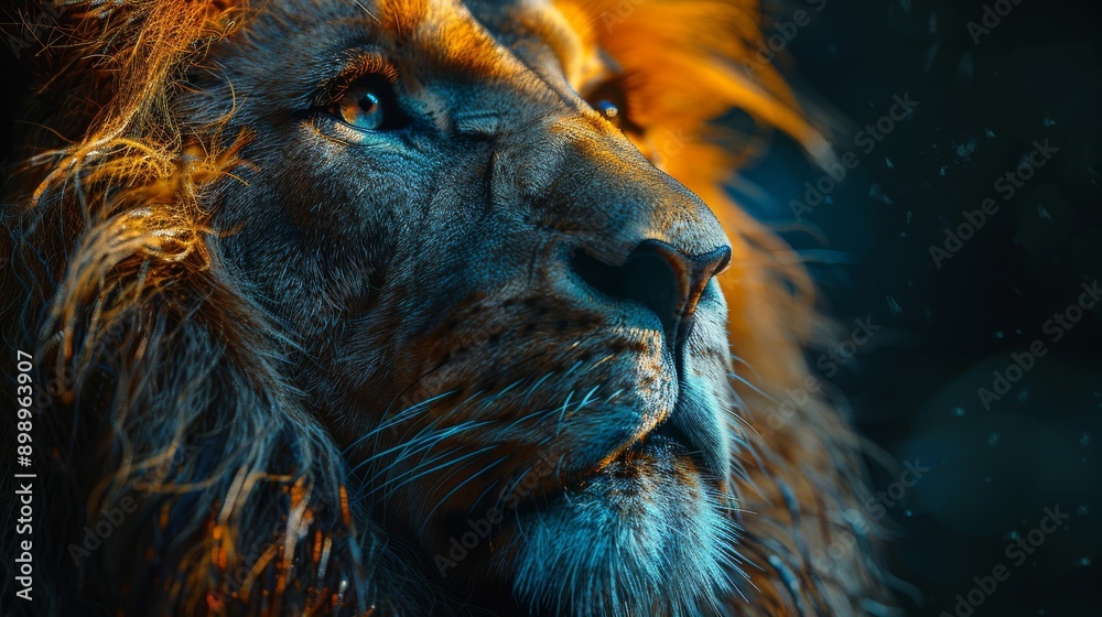 Fototapeta premium Portrait of a powerful male lion with piercing eyes and flowing mane, showcasing the beauty and strength of wildlife