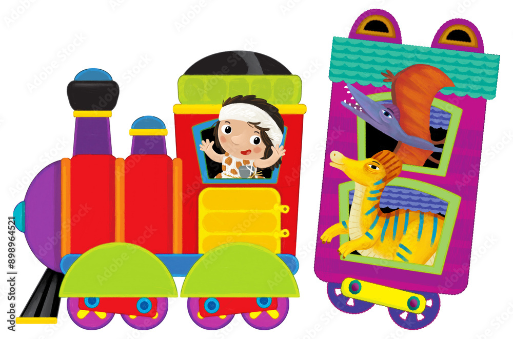 Cartoon funny looking colorful wagon with dino dinosaur animal lizard and caveman conductor isolated illustration for children Cartoon funny looking colorful wagon with dino dinosaur animal lizard and caveman conductor isolated illustration for children
