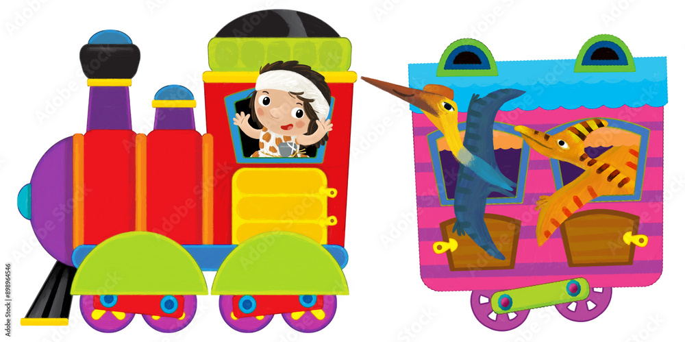 Cartoon funny looking colorful wagon with dino dinosaur animal lizard and caveman conductor isolated illustration for children Cartoon funny looking colorful wagon with dino dinosaur animal lizard and caveman conductor isolated illustration for children