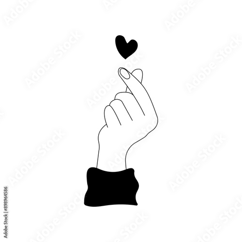 Hand gesture icon with heart isolated on white background. Line hand drawn black and white vector illustration