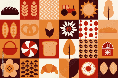 Autumn pattern in mosaic style. Agriculture, farming, baking. Bauhaus style. Simple geometric shapes. Textile background of fresh baked goods, grains, bread, plants, tractor, flowers.