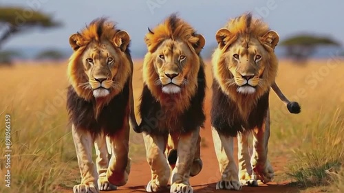 Lions walking forward on the African savanna