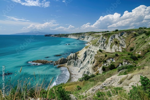 Panoramic view of the ocean from the top of a hill, perfect for travel or nature-themed projects