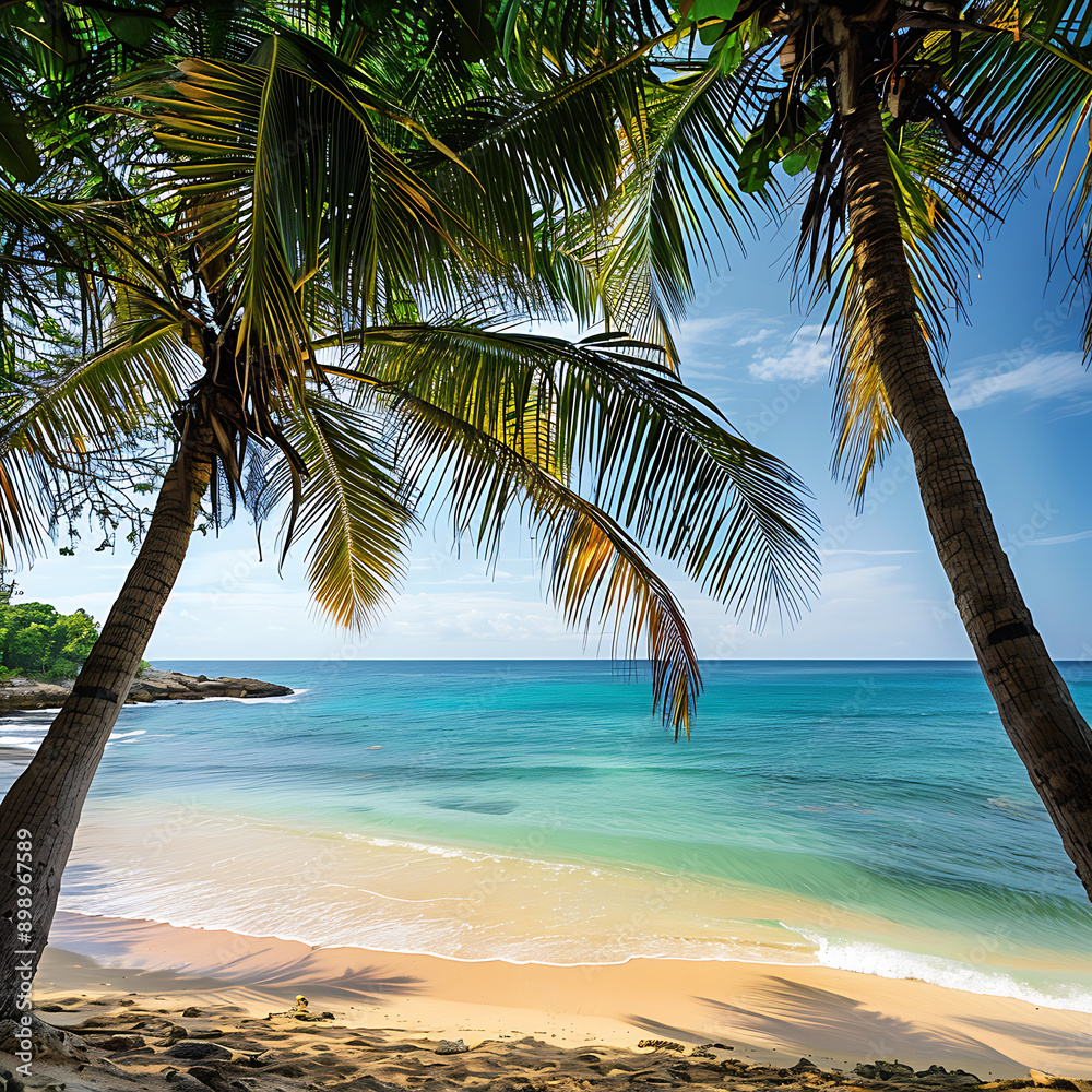 Palm trees on a tropical beach with turquoise water. Palm trees on a tropical beach with turquoise water.