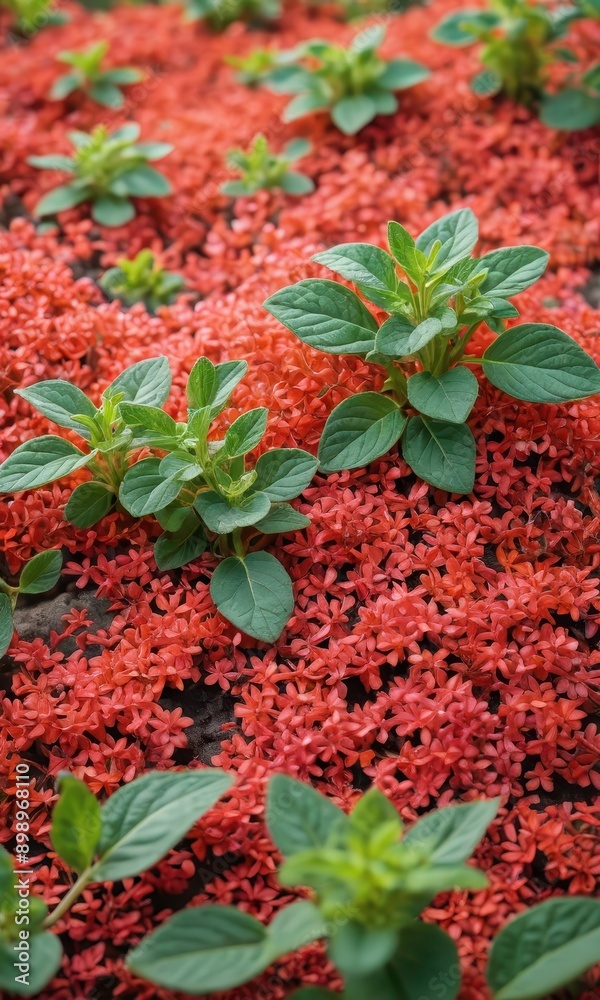 Green Leaves Over Red Flower Bed. with copy space for text Green Leaves Over Red Flower Bed. with copy space for text