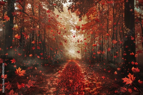 Autumn forest scenery with plenty of red leaves on the ground and trees photo