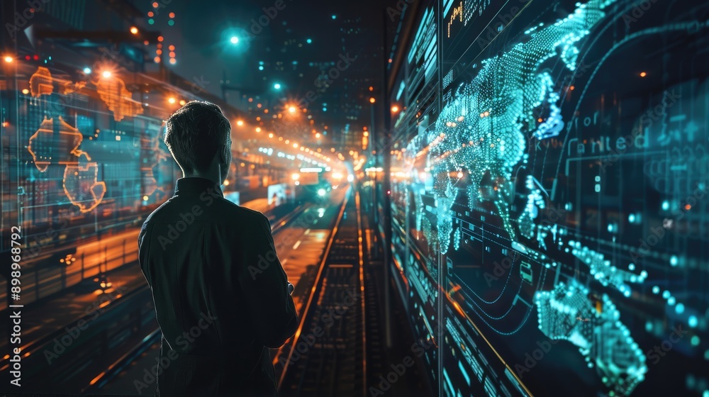 Businessman with virtual panel displaying global logistics network and transportation, emphasizing smart delivery systems. Businessman with virtual panel displaying global logistics network and transportation, emphasizing smart delivery systems.