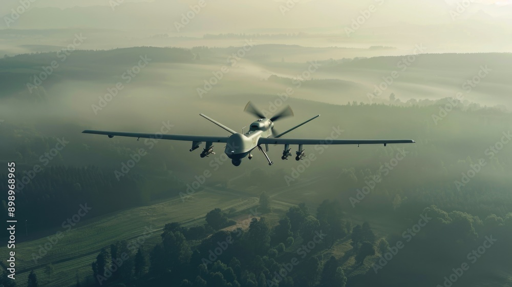Fototapeta premium A plane flies over a dense forest with tall trees and greenery