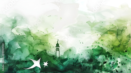 Watercolor painting illustration for Pakistan Independence Day with the Minar e Pakistan and large flag photo