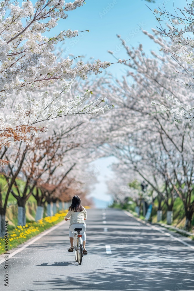 A person cycling on a peaceful road surrounded by trees, ideal for use in travel or outdoor lifestyle photography A person cycling on a peaceful road surrounded by trees, ideal for use in travel or outdoor lifestyle photography