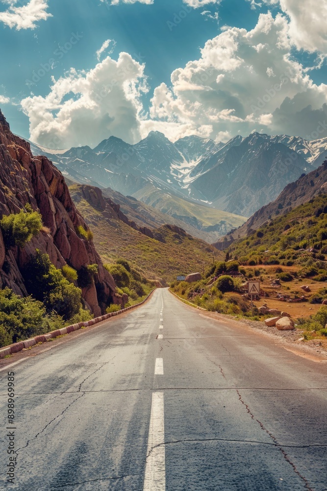 Naklejka premium A serene mountain road with a vast landscape of mountains in the background, ideal for outdoor and adventure scenes