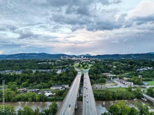Aerial View of Downtown Asheville Highways. North Carolina drone view of the city