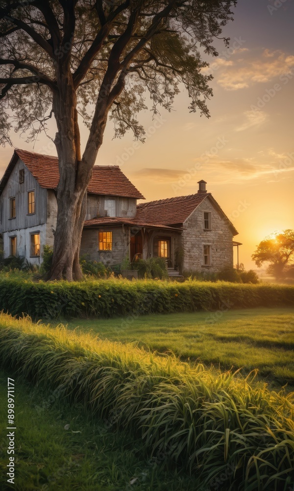 Rural Farmhouse at Sunset. Rural Farmhouse at Sunset.