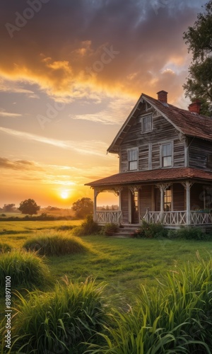 Rustic House at Sunrise. © BOJOShop