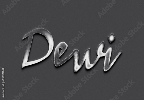 Chrome metal 3D Indonesian name design of Dewi on grey background. photo