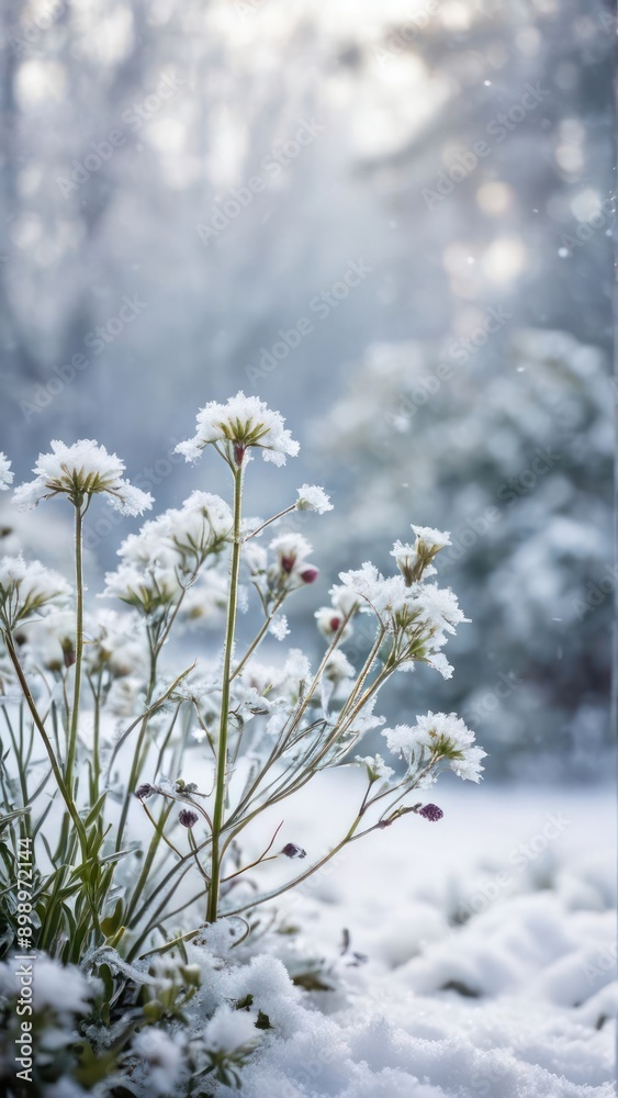 a snow covered plant with white flowers in the snow a snow covered plant with white flowers in the snow