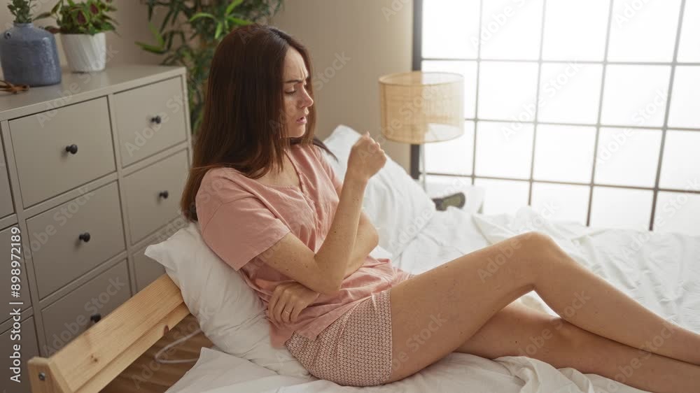 Woman in pink pajamas feeling unwell while sitting on a bed in a cozy bedroom setting with plants and furniture. Woman in pink pajamas feeling unwell while sitting on a bed in a cozy bedroom setting with plants and furniture.